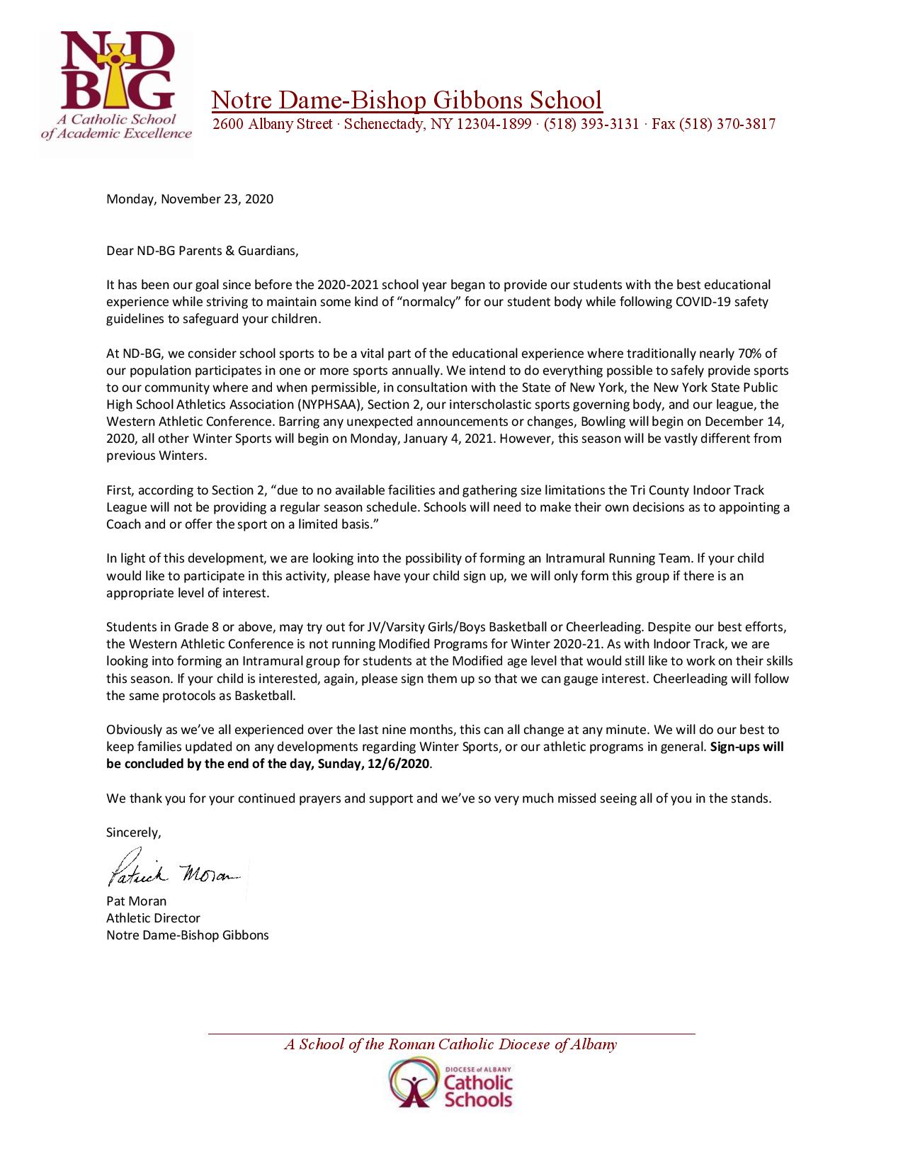 Winter Sports Sign-Ups/A letter from Athletic Director Moran